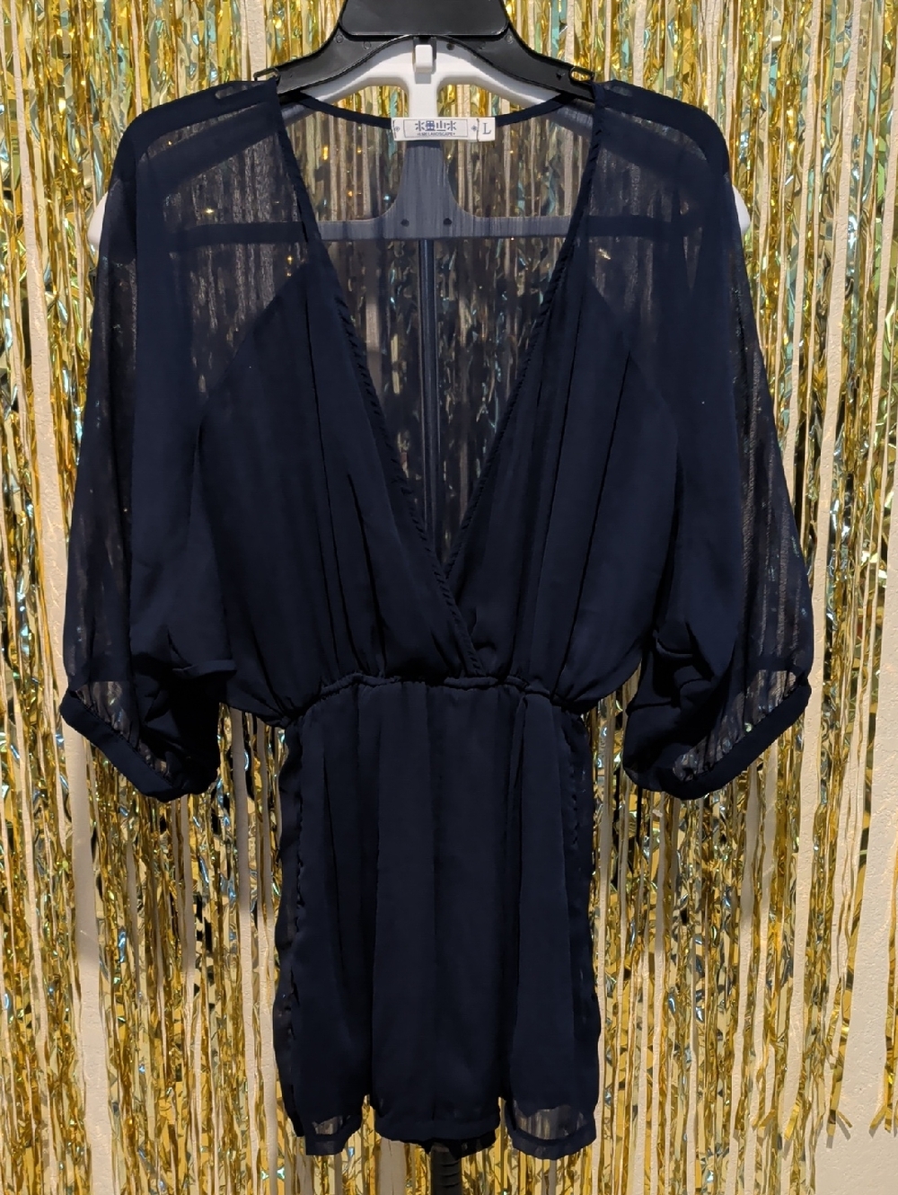 🔥Navy Blue Sheer Romper – Butterfly Sleeves, Side Pockets, Size L